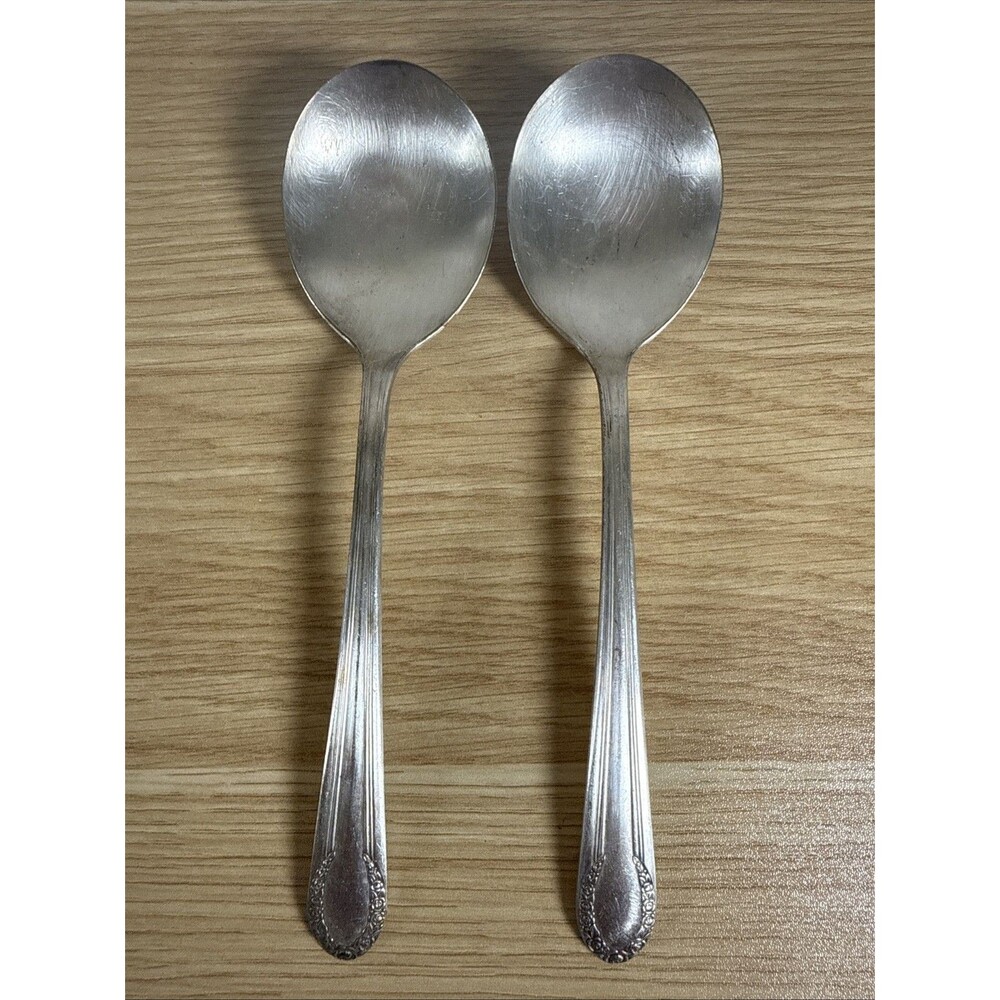 Wm Rogers Valley Rose Round Bowl Soup Spoons Pair of 2 1956 Silverplate
